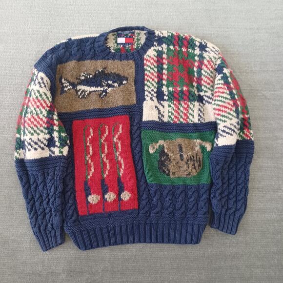 Tommy Hilfiger Sweater Mens M Wool Fishing Patchwork Knit Crew Neck Fisherman